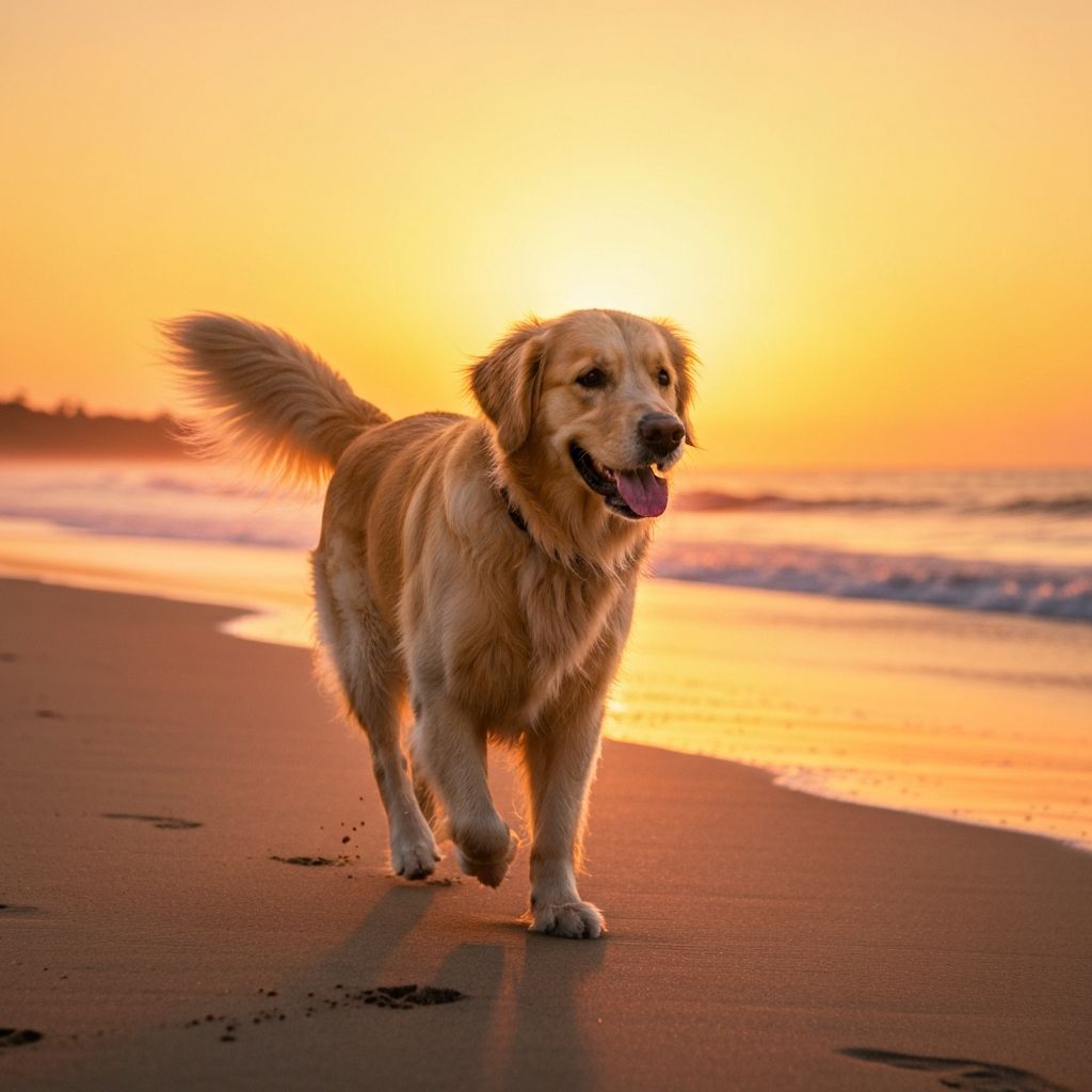 Golden retriever running on beach